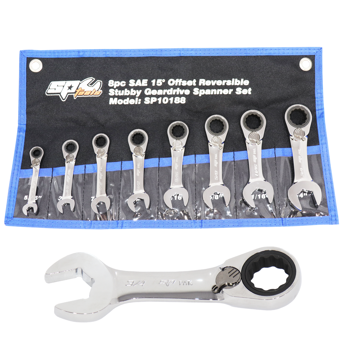 SP Tools Spanner Set - Spanner ROE Stubby Reversible Geardrive 8pc SP10188