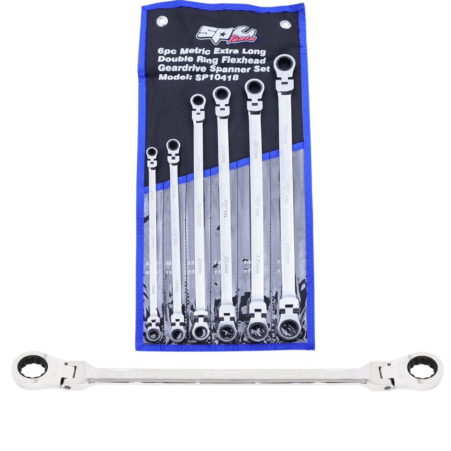 SP Tools Spanner Set - Ex Long Flex Double Ring 72T Geardrive 6pc Metric SP10418