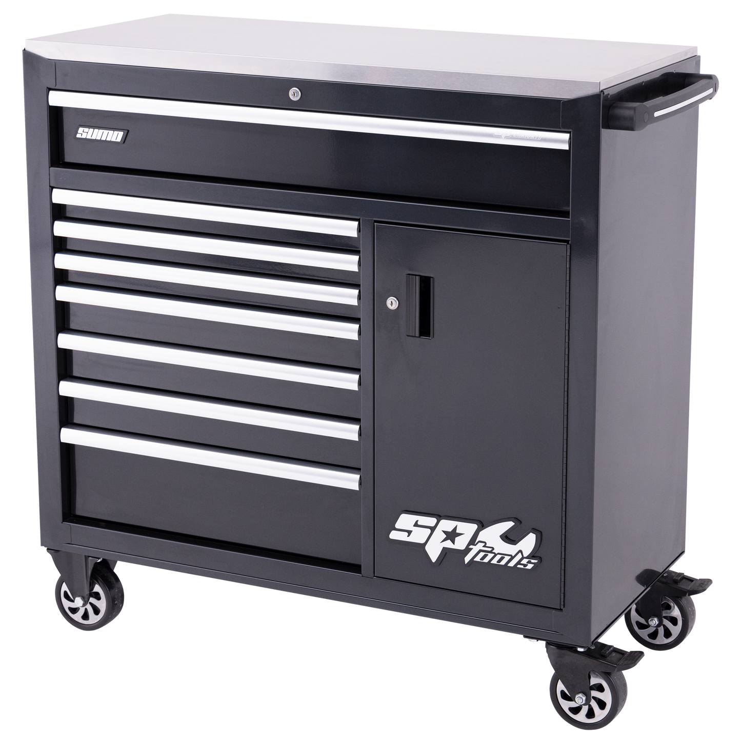 SP Tools 9Drawer Sumo Rollcab SS Top W/Pwr Tool Cupboard & Built-In Pwr Board Black/Chrome SP40118