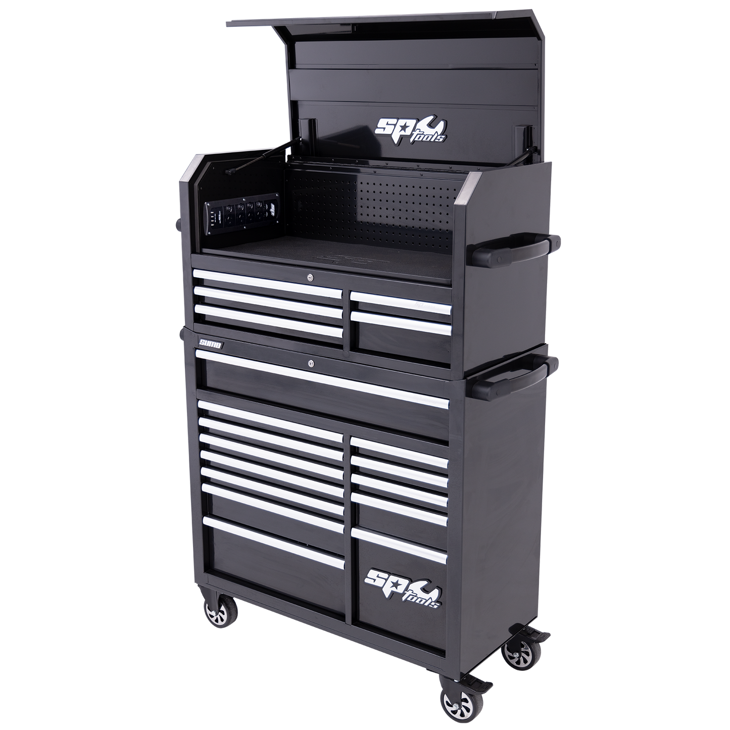 SP Tools 18 Drawer Sumo Power Hutch Tool Box & Tollercab Combo Black/Chrome SP40698
