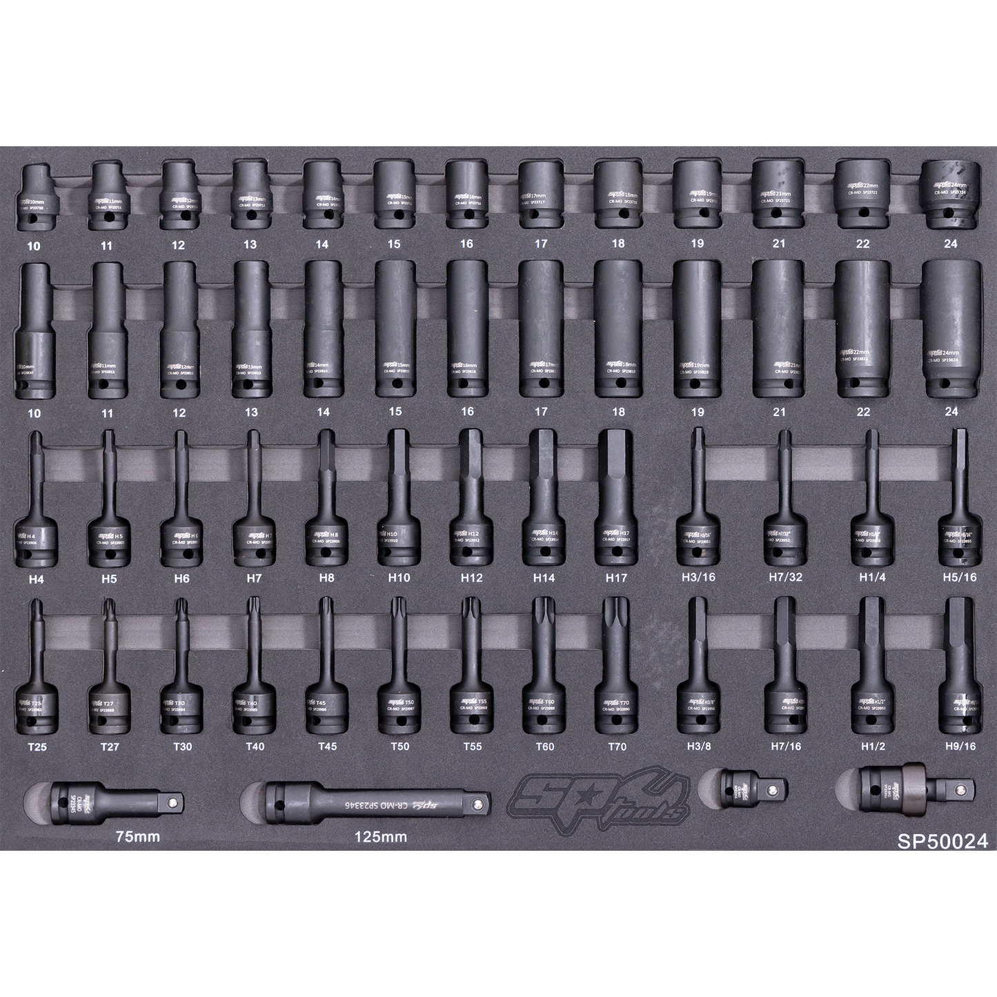 SP Tools 56Pc Metric/SAE 1/2in. Drive Impact Sockets & Accs EVA Foam Tray Tool Kit SP50024