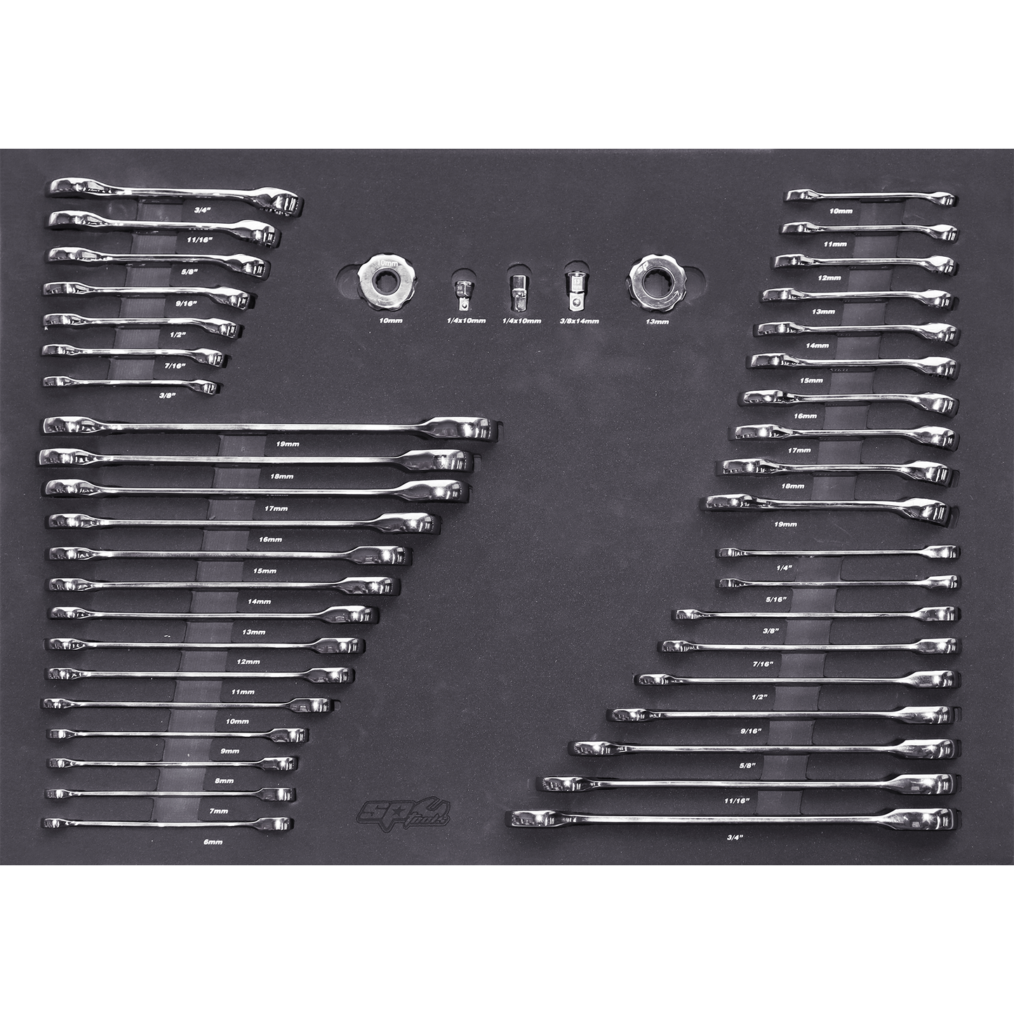 SP Tools 45Pc Metric/SAE Spanners & Finger Ratchet EVA Foam Tray Tool Kit SP50026
