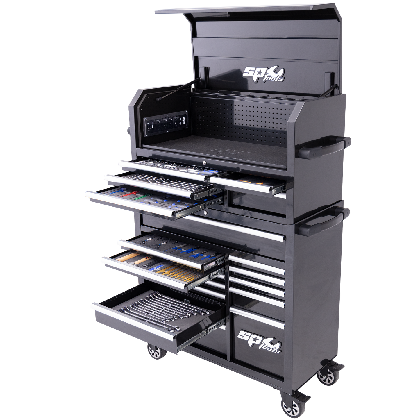 SP Tools 334Pc 18 Drawer Sumo Power Hutch Tool Kit Combo Black/Chrome +EVA Foam SP50553X