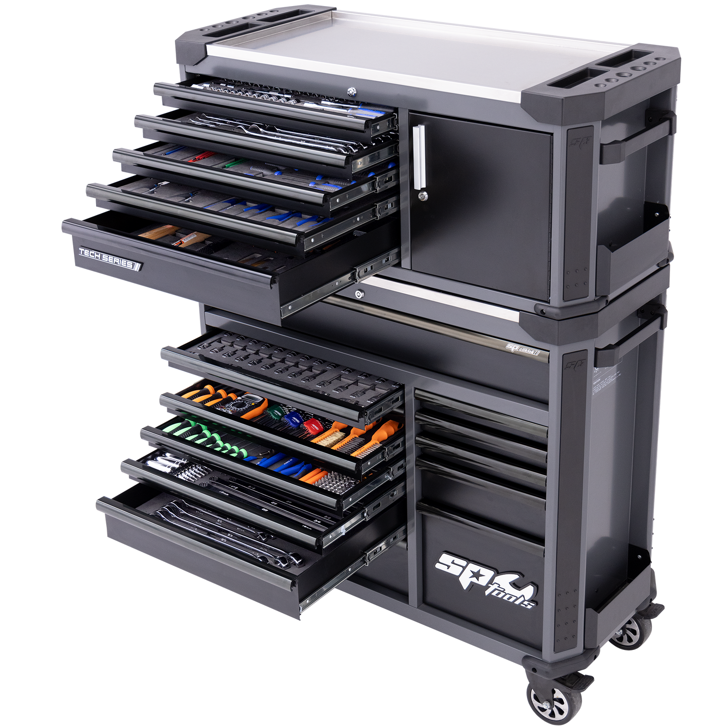 SP Tools 631Pc Tech Series Tool Kit W/Power Tool Cupboard Metric/SAE Black W/EVA Foam SP52387DX