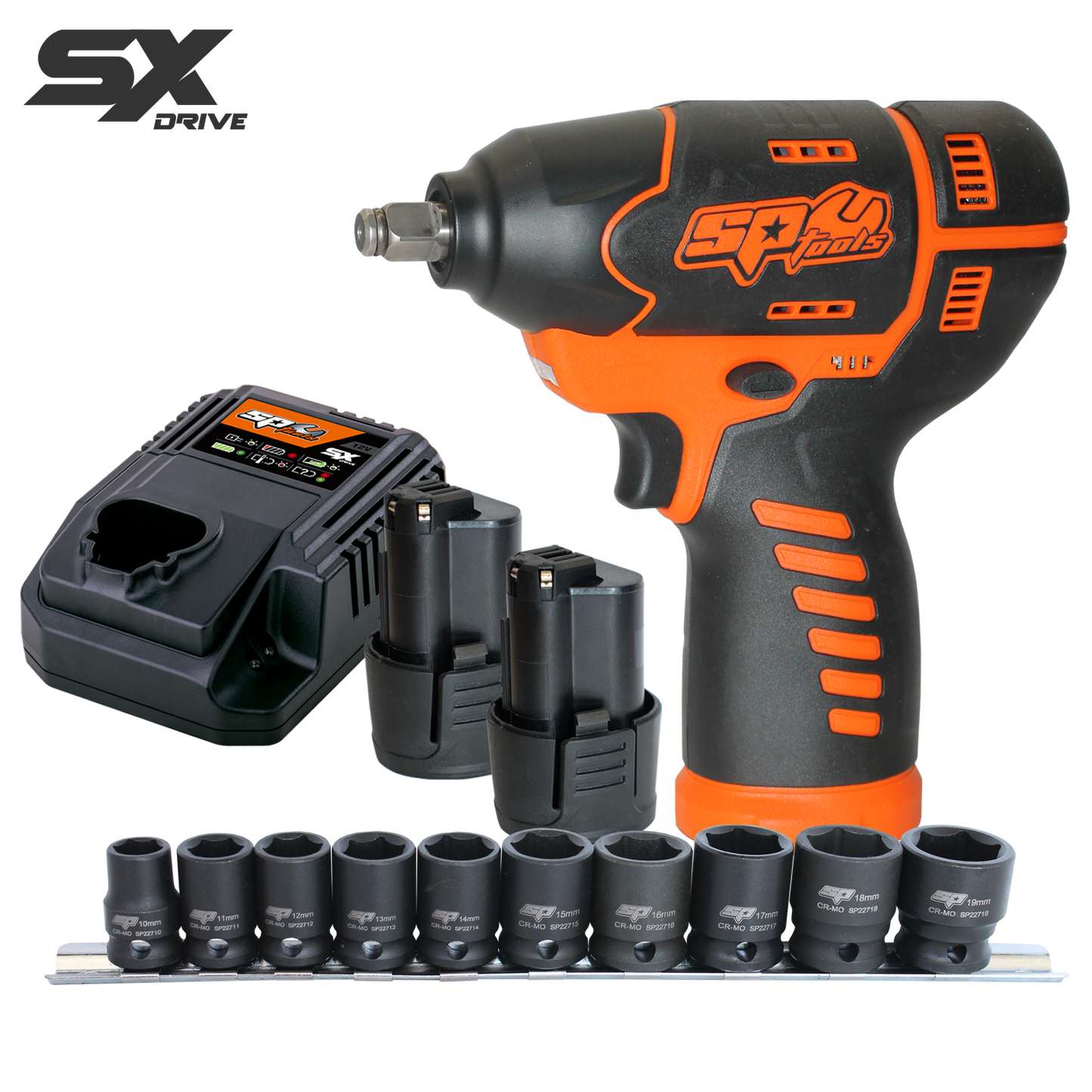 SP Tools 12V 3/8"Dr Impact Wrench Kit - 2.5Ah X2 Batteries And Impact Socket Set - Sx Drive SP83114