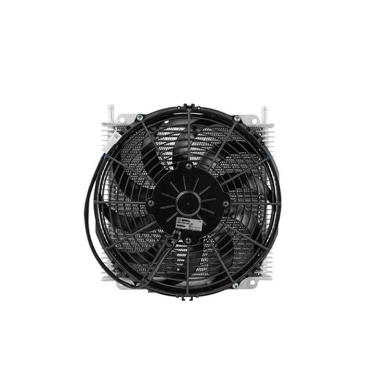 PWR Trans Oil Cooler - 280 X 255 X 19mm (3/8in Hose Barb) Suits 11in SPAL Fan 30-Row PWO0528SP