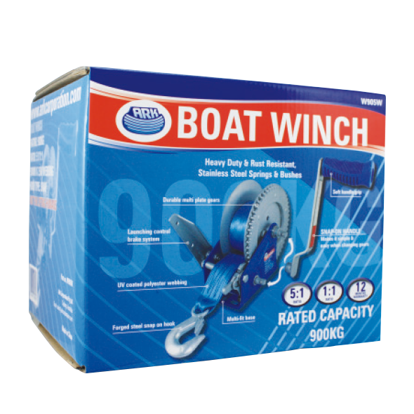 ARK Ark Boat Winch 5:1 / 1:1 - 900Kg - Forged Steel Snap On Hook - 50Mm X 7.5M Webbing 186W905W