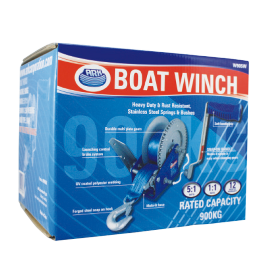 ARK Ark Boat Winch 5:1 / 1:1 - 900Kg - Forged Steel Snap On Hook - 50Mm X 7.5M Webbing 186W905W