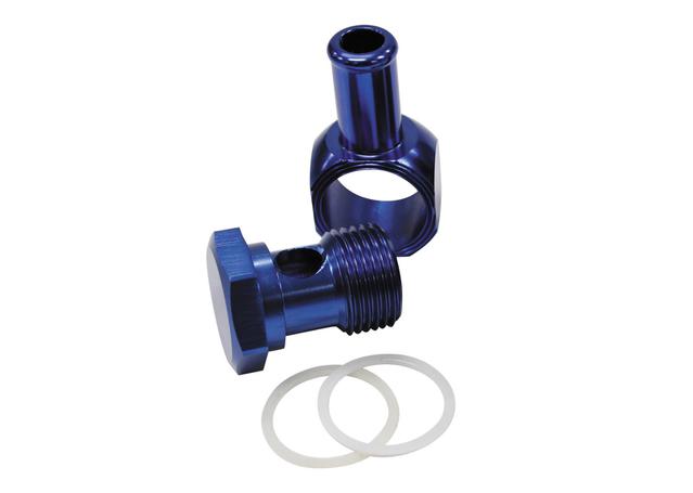 Aeroflow AF164-06 Edelbrock Carb Inlet Banjo Blue 5/8-20 To Male 3/8 Barb