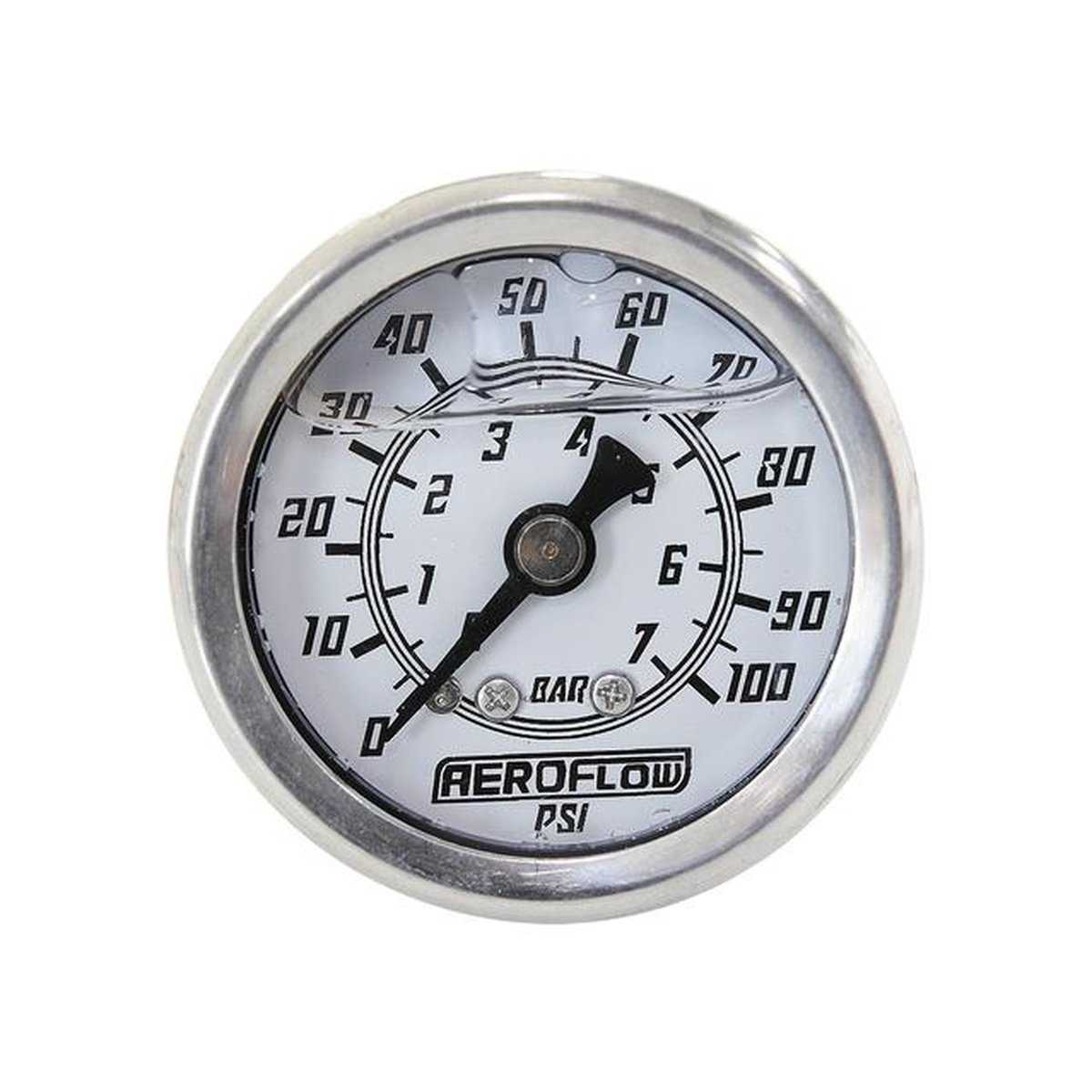 Aeroflow 1-1/2" 0-100 PSI Liq Fil Gauge White Face Black Pointer