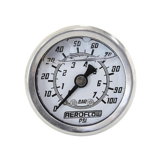 Aeroflow 1-1/2" 0-100 PSI Liq Fil Gauge White Face Black Pointer