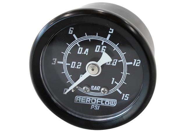 Aeroflow 1-1/2" 0-15 PSI Press Gauge Black Face White Pointer