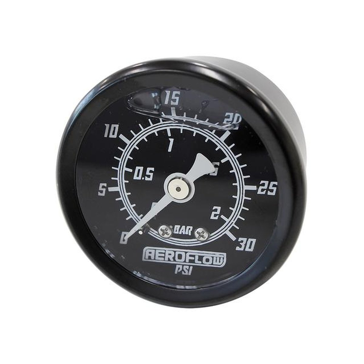Aeroflow 1-1/2" 0-30 PSI Liq Fill Gauge Black Face White Pointer