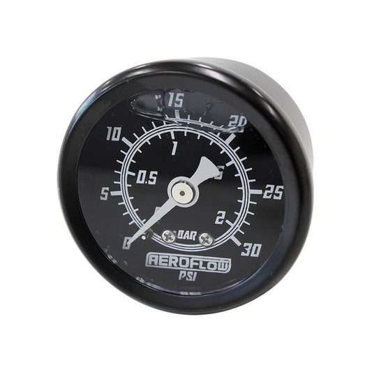 Aeroflow 1-1/2" 0-30 PSI Liq Fill Gauge Black Face White Pointer