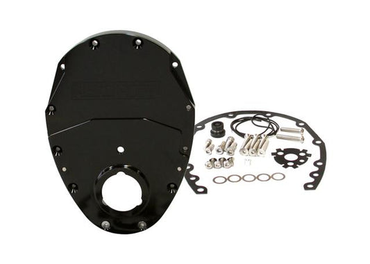 Aeroflow AF64-4350BLK 2 Piece Timing Cover Kit Billet Black Fits 350 Chev