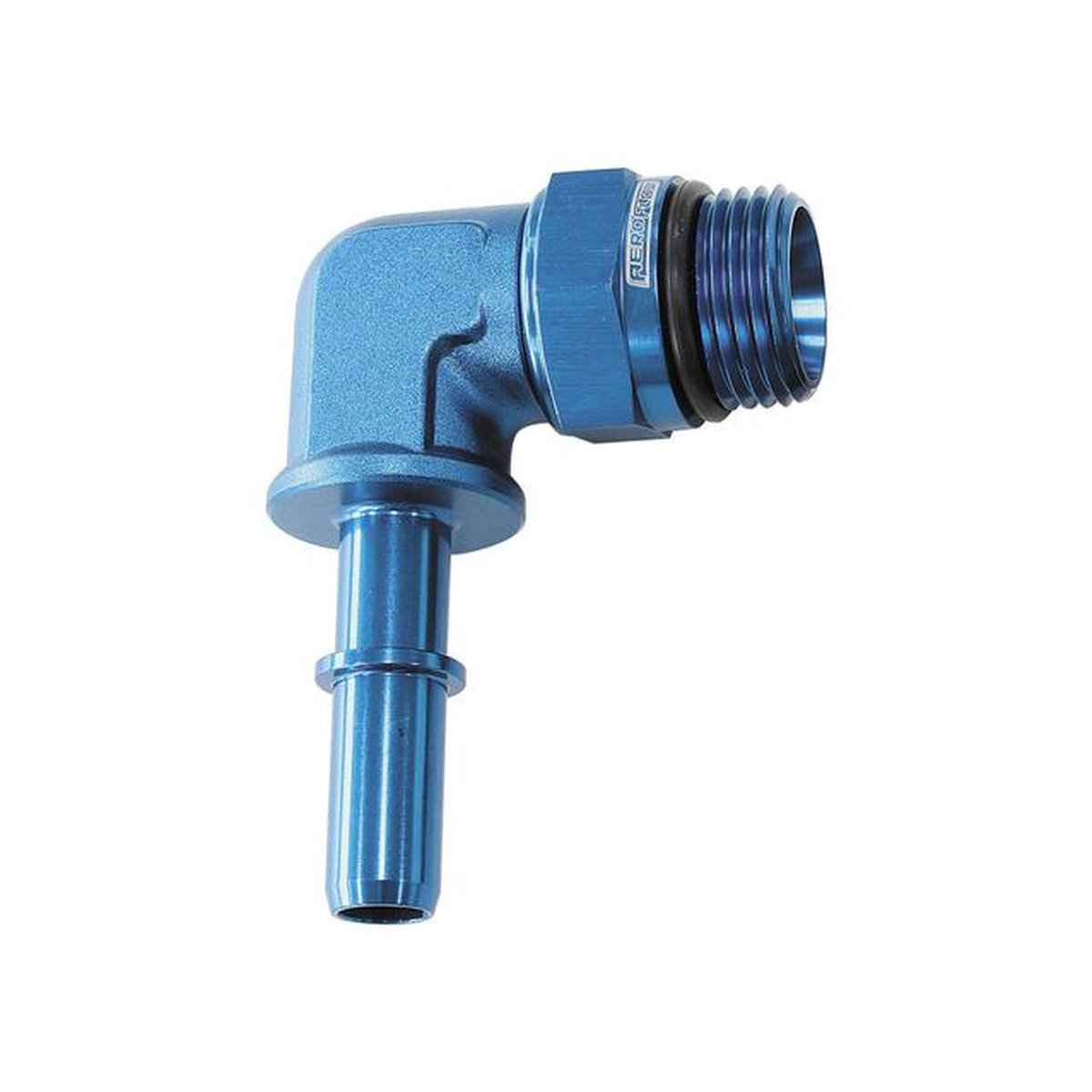 Aeroflow EFI Fuel Fitting 90 Deg 3/8" Push On Barb To -8ORB Blue