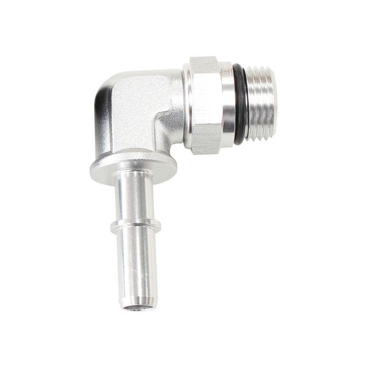 Aeroflow EFI Fuel Fitting 90 Deg 3/8" Push On Barb To -8ORB Silver