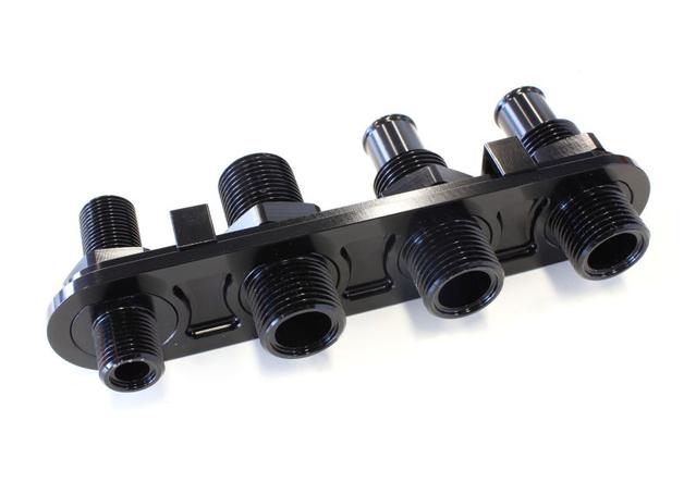 Aeroflow AF88-2005BLK Black A/C Bulkhead 4 Port Inline 3X-10,1X-6 Barb Rear