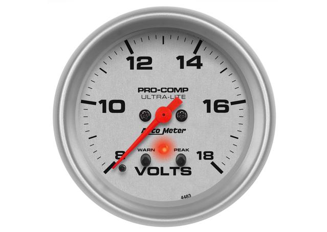Autometer Ultra-Lite 2-5/8in Volt Meter Gauge 8-18V Full Sweep Electric w/ Peak & Warn AU4483