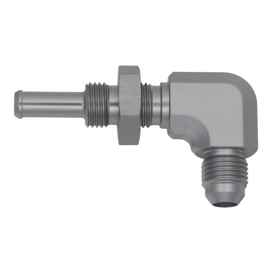 DeatschWerks 6AN Male Flare to 5/16-inch Male Barb Bulkhead Adapter 90-degree (incl Nut)