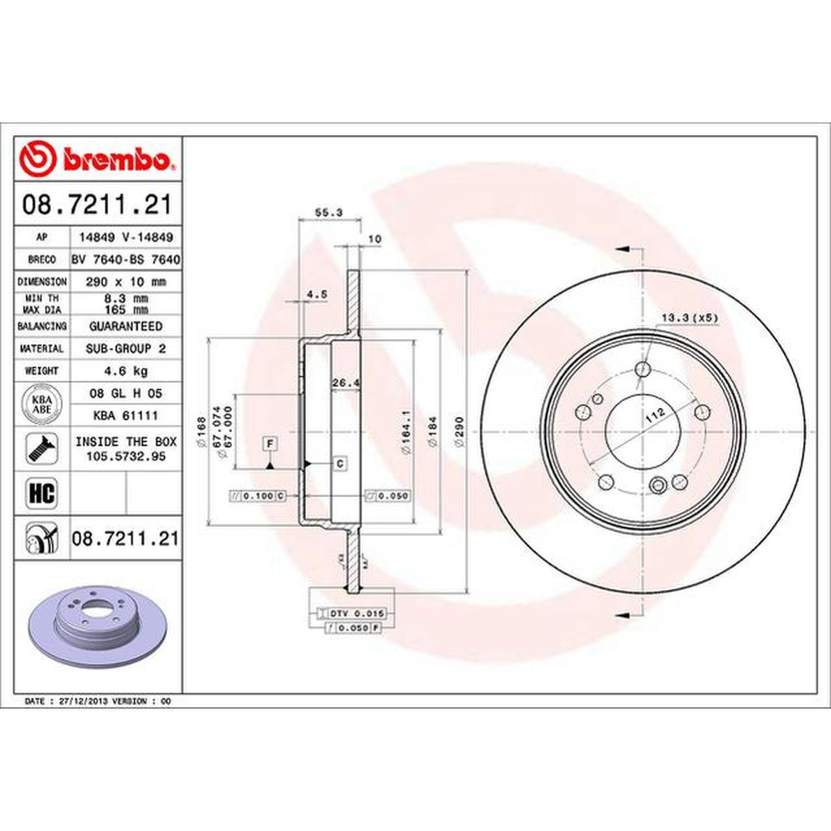 Brembo OE Brake Rotor Single Rear 08.7211.21