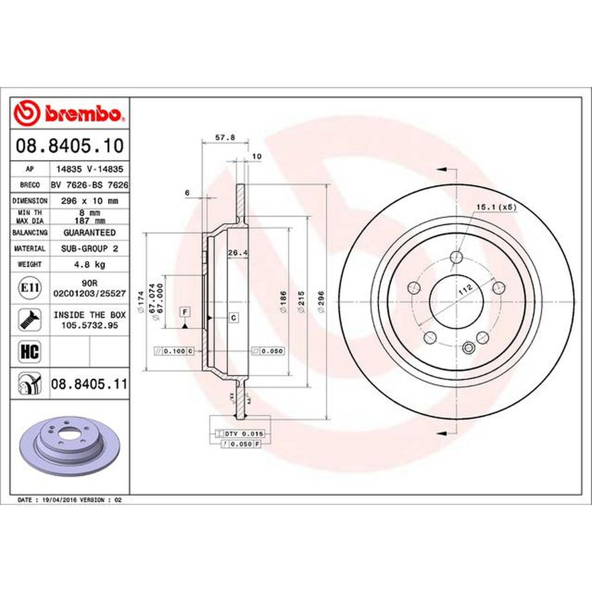 Brembo OE Brake Rotor Pair Rear 08.8405.11