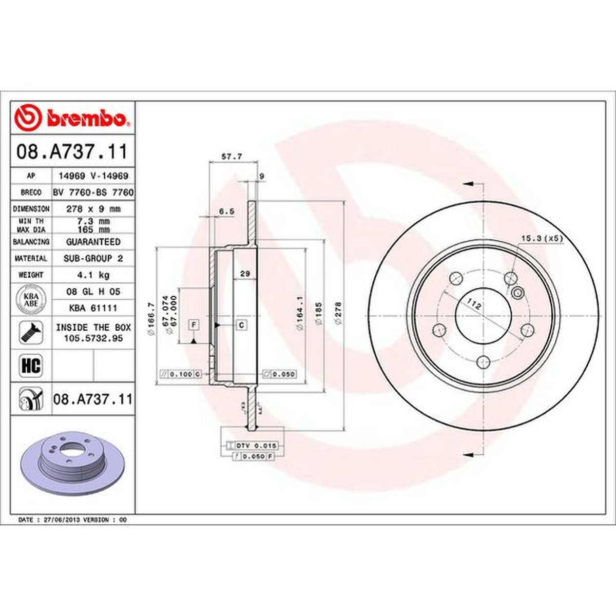 Brembo OE Brake Rotor Pair Rear 08.A737.11