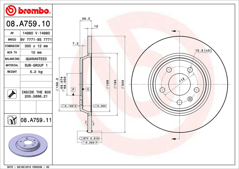Brembo OE Brake Rotor Pair Rear 08.A759.11