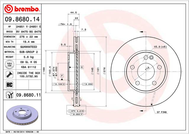 Brembo OE Brake Rotor Pair Front 09.8680.11