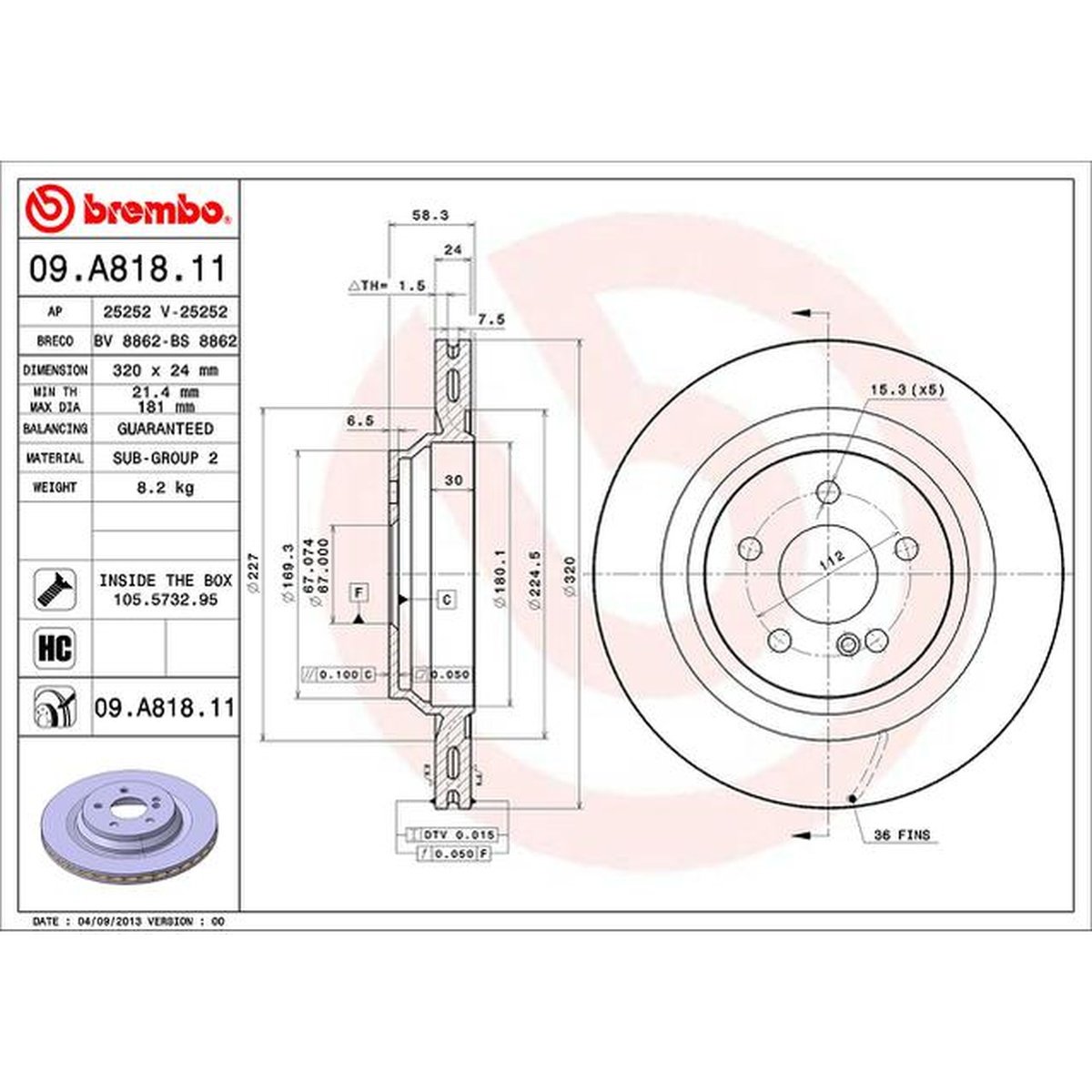 Brembo OE Brake Rotor Pair Rear 09.A818.11