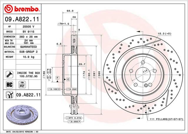 Brembo OE Brake Rotor Pair Rear 09.A822.11