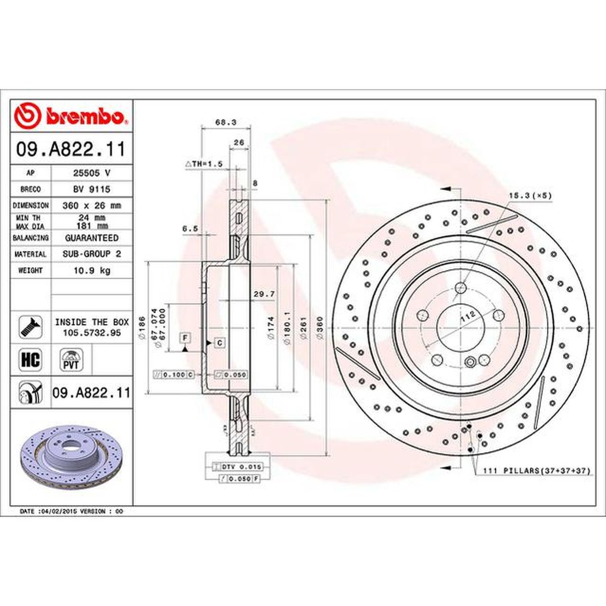 Brembo OE Brake Rotor Single Rear 09.A822.11
