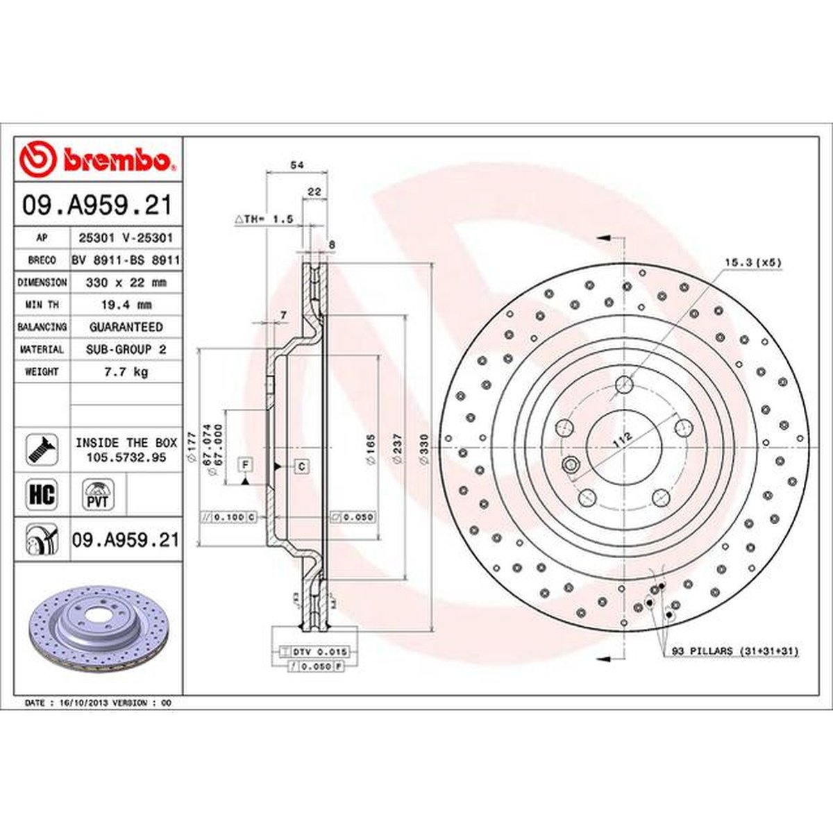 Brembo OE Brake Rotor Pair Rear 09.A959.21