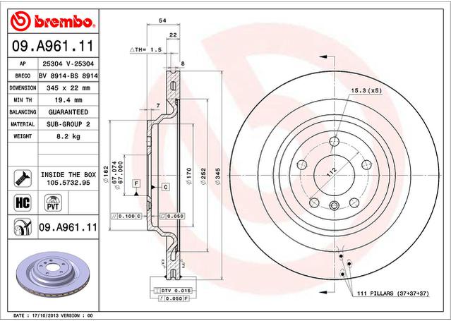 Brembo OE Brake Rotor Pair Rear 09.A961.11