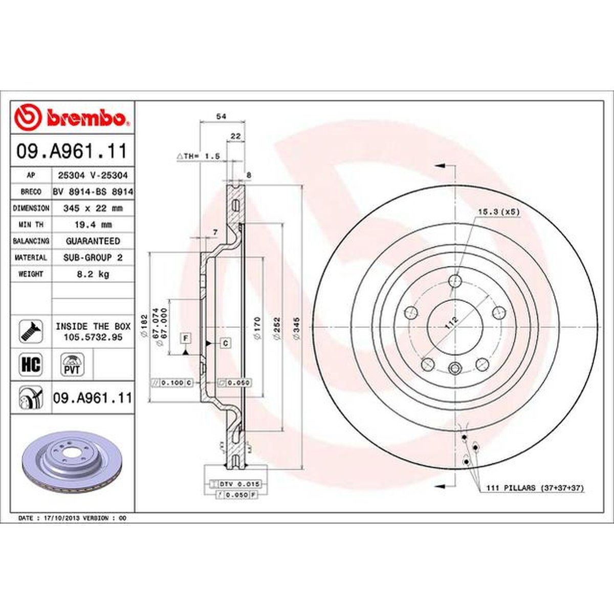 Brembo OE Brake Rotor Single Rear 09.A961.11