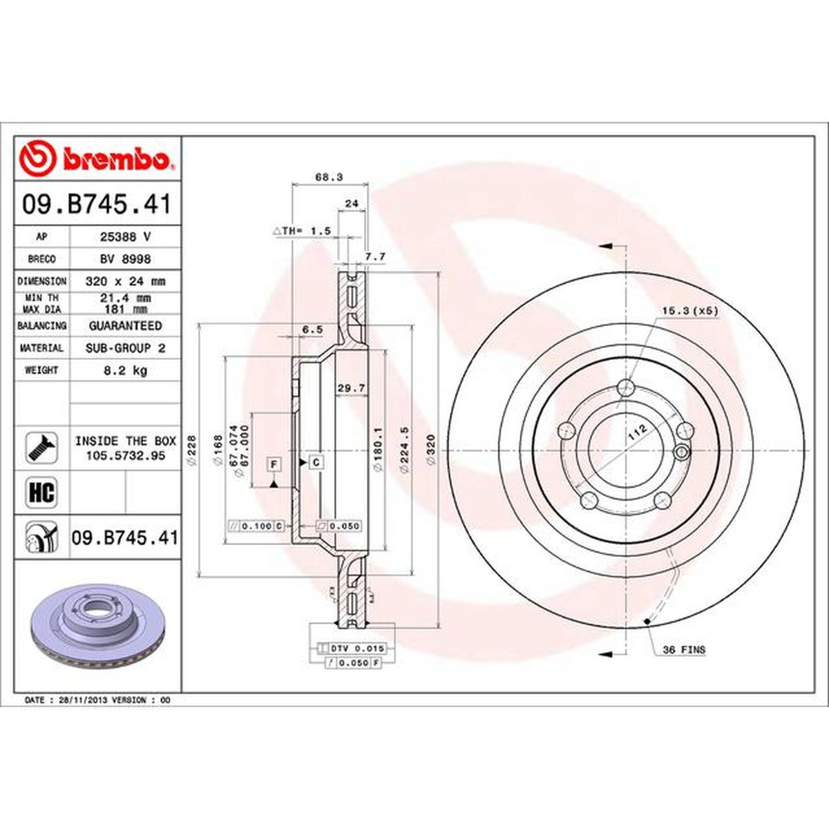 Brembo OE Brake Rotor Pair 09.B745.41