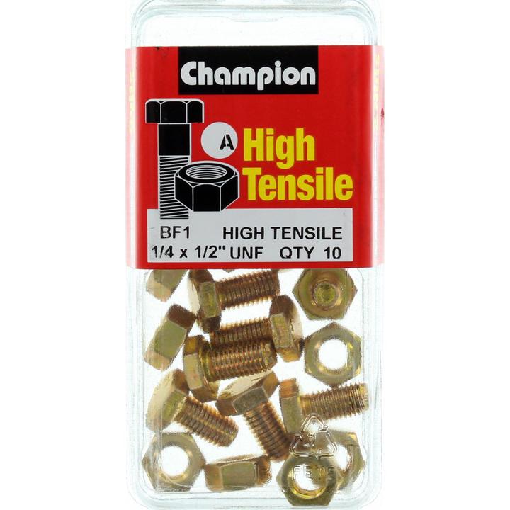 Champion Hex Nut & Screw Set 1/4" x 1/2" UNF High Tensile 10Pk BF1