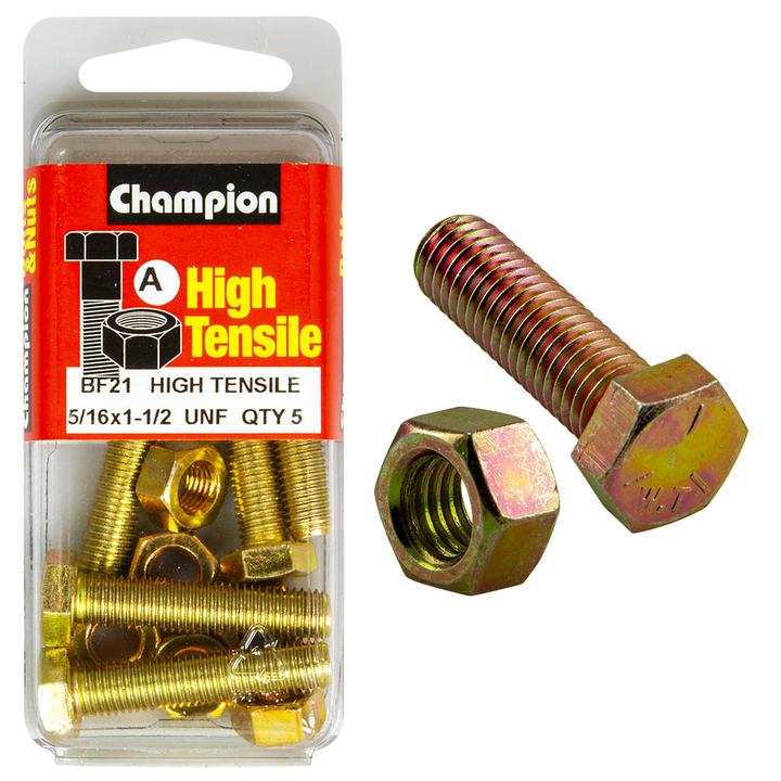 Champion Hex Nut & Screw Set 5/16" x 1-1/2" UNF High Tensile 10Pk BF21