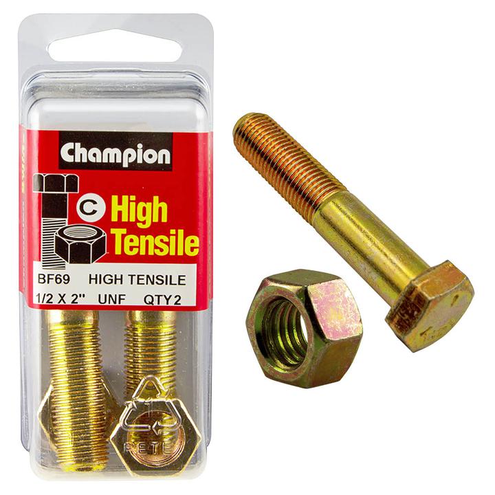 Champion Hex Nut & Bolt Set 1/2" x 2" UNF High Tensile 4Pk BF69