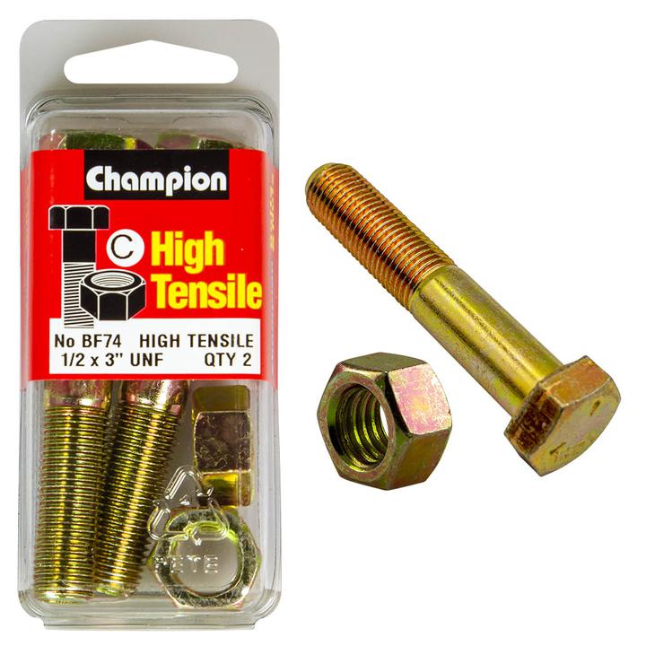 Champion Hex Nut & Bolt Set 1/2" x 3" UNF High Tensile 4Pk BF74