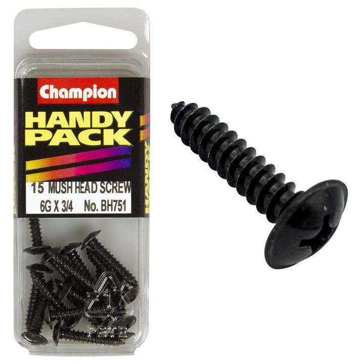 Champion Black Screw Self Tapp Mushroom Head Phillips 3.5 x 19mm 15Pk BH751