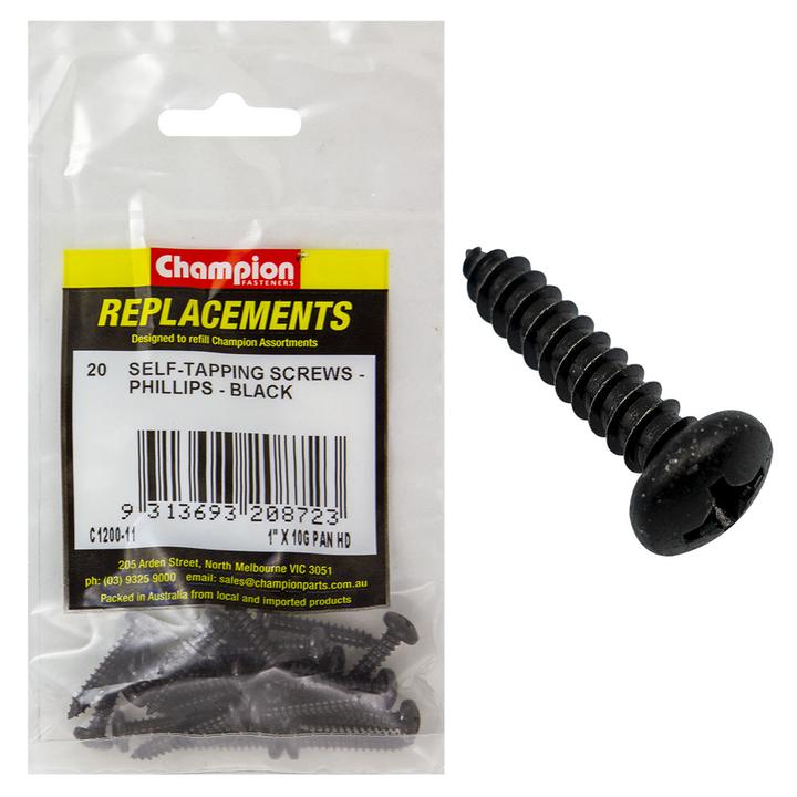 Champion Black Screw Self Tapp Panhead Phillips 4.8 x 25mm 20Pk C1200-11