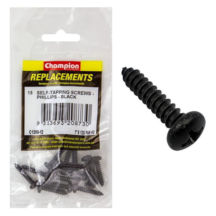 Champion Black Screw Self Tapp Panhead Phillips 5.5 x 25mm 15Pk C1200-12