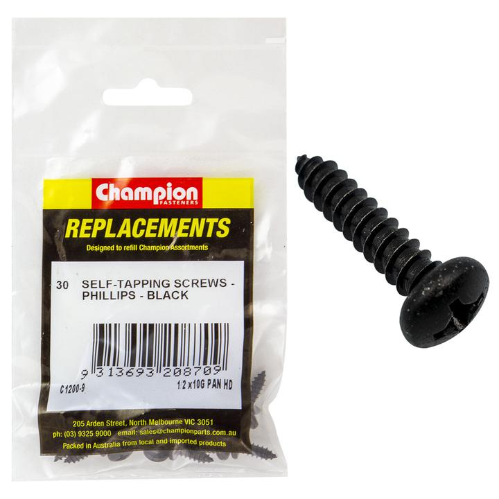 Champion Black Screw Self Tapp Panhead Phillips 4.8 x 13mm 30Pk C1200-9