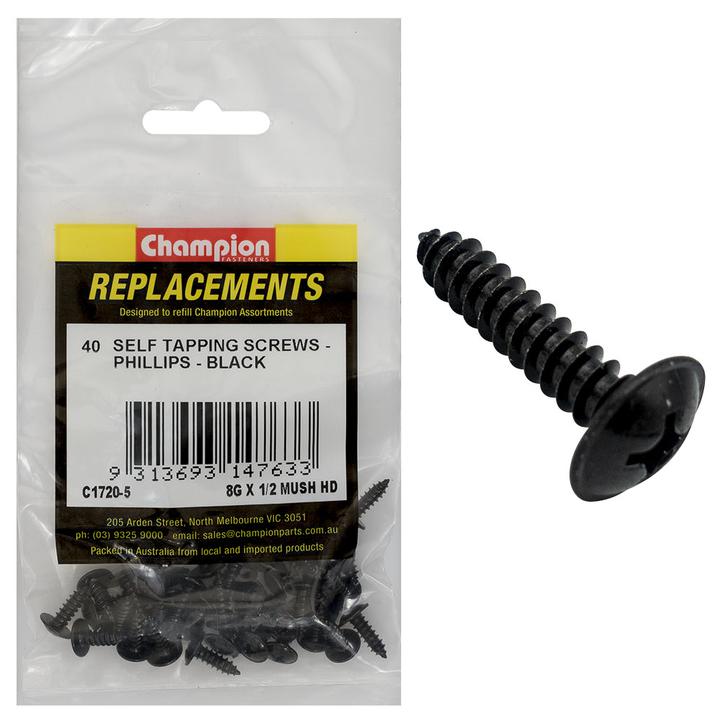 Champion Black Screw Self Tapp Mushroom Head Phillips 4.2 x 13mm 40Pk C1720-5