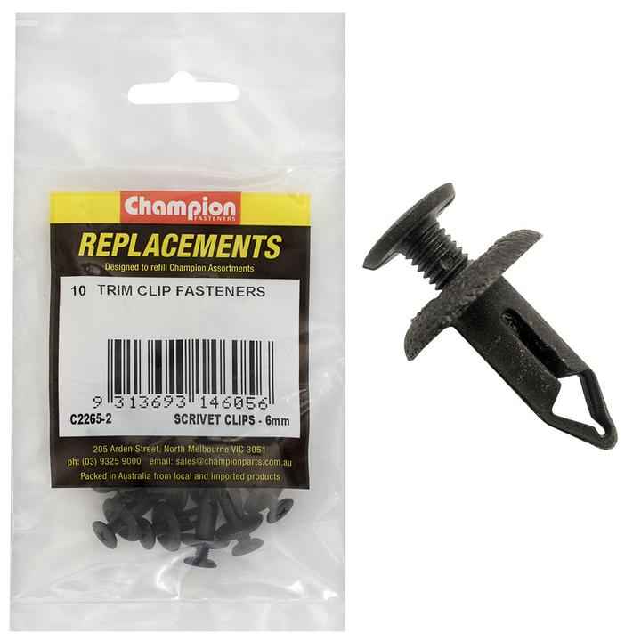 Champion Scrivet Trim Clip Fastener Screw Type Black 18mm Lens 6mm Hole 15mm Head 10Pk C2265-2