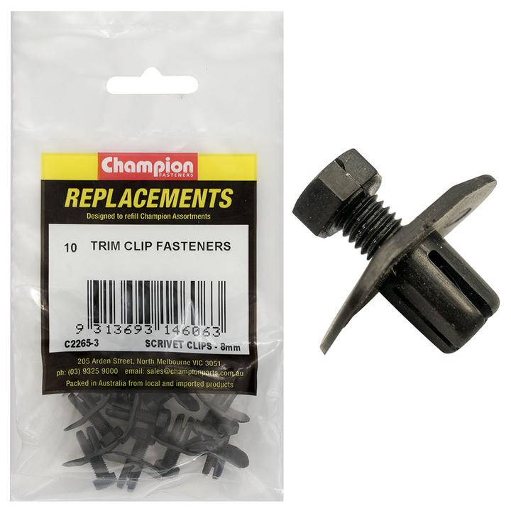 Champion Scrivet Trim Clip Fastener Push Rivet Black 9mm Lens 8mm Hole 14x22mm Head 10Pk C2265-3