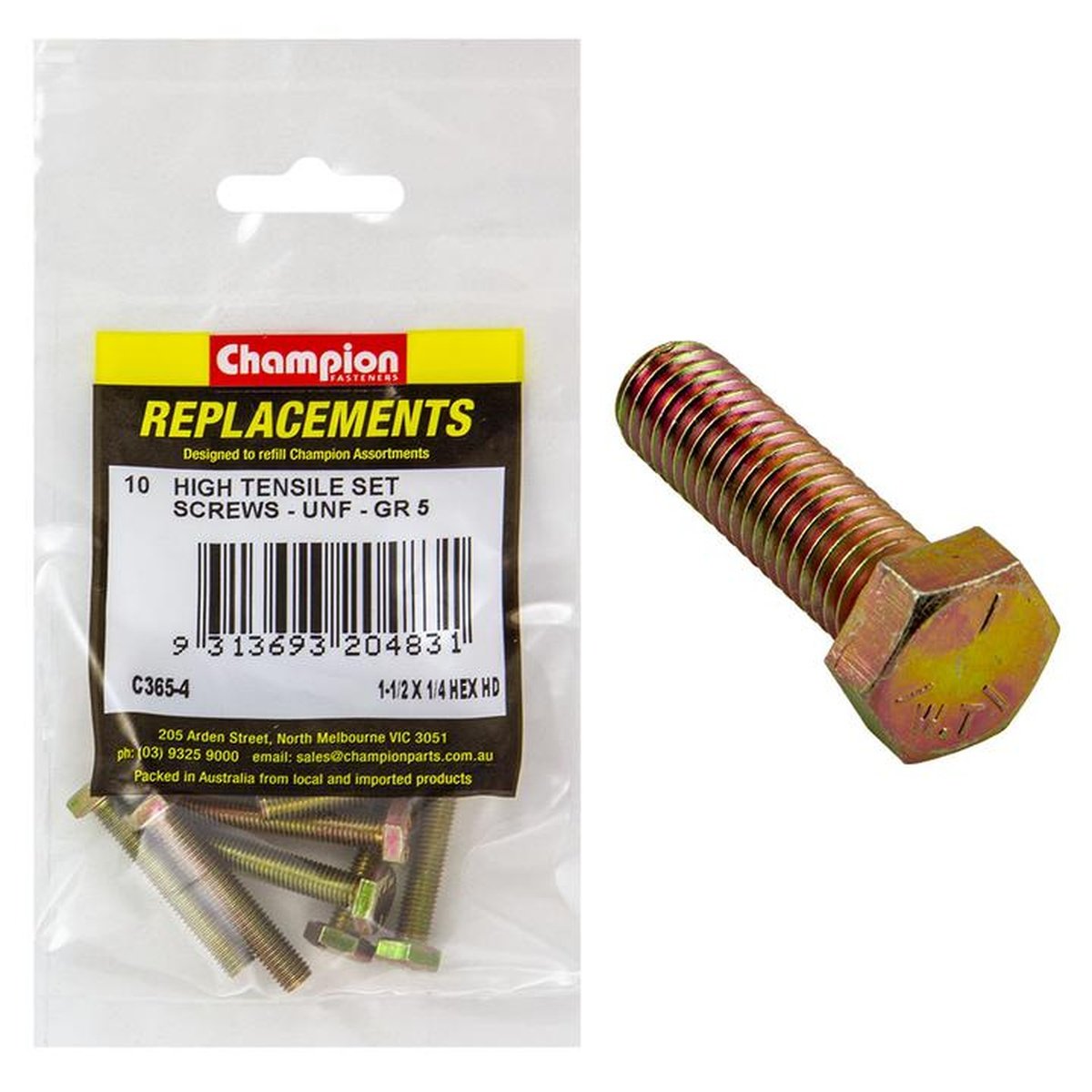 Champion Hex Screw Set HT 1/4″ x 1-1/2″ UNF 10Pk C365-4