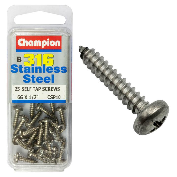 Champion Stainless Steel Screw Self Tapp Panhead Phillips 3.5x13mm-316/A4 25Pk CSP10