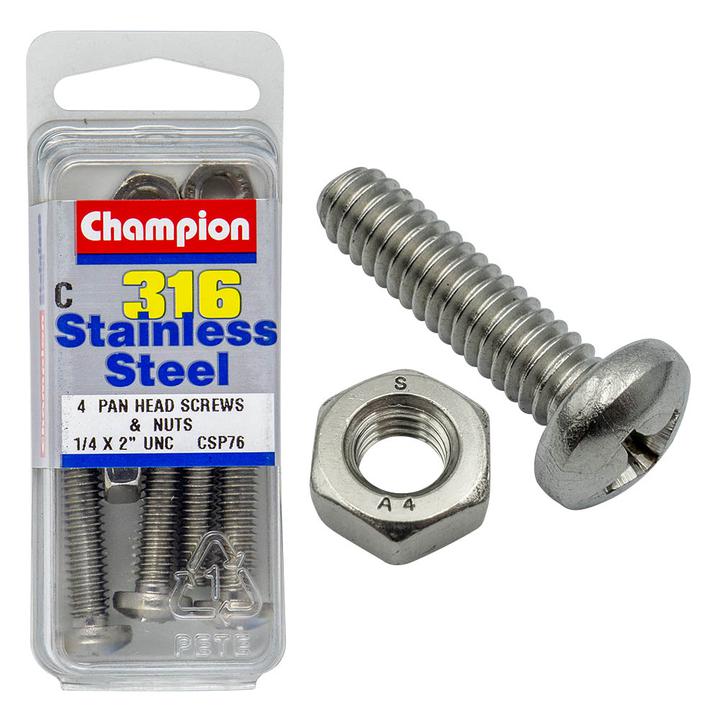 Champion Stainless Machine Screw & Nut Panhead Phillips 1/4″ x 2″ 8Pk CSP76